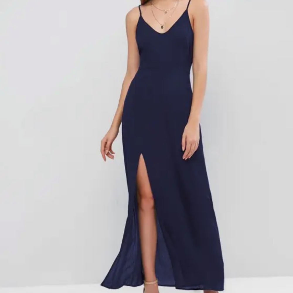 Deep blue slit maxi cami dress